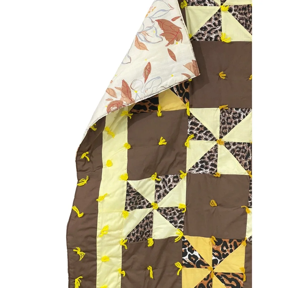 Reversible Full Queen Animal Print Pinwheel Quilt Topper Tied 90x66